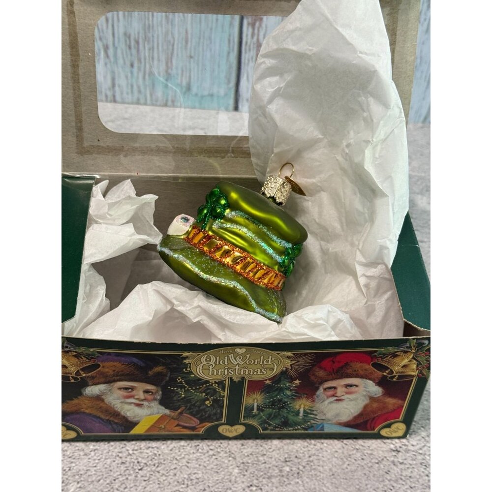 Green Leprechaun Shamrocks Hat Glass Christmas Ornament Old World Christmas - Picture 1 of 8